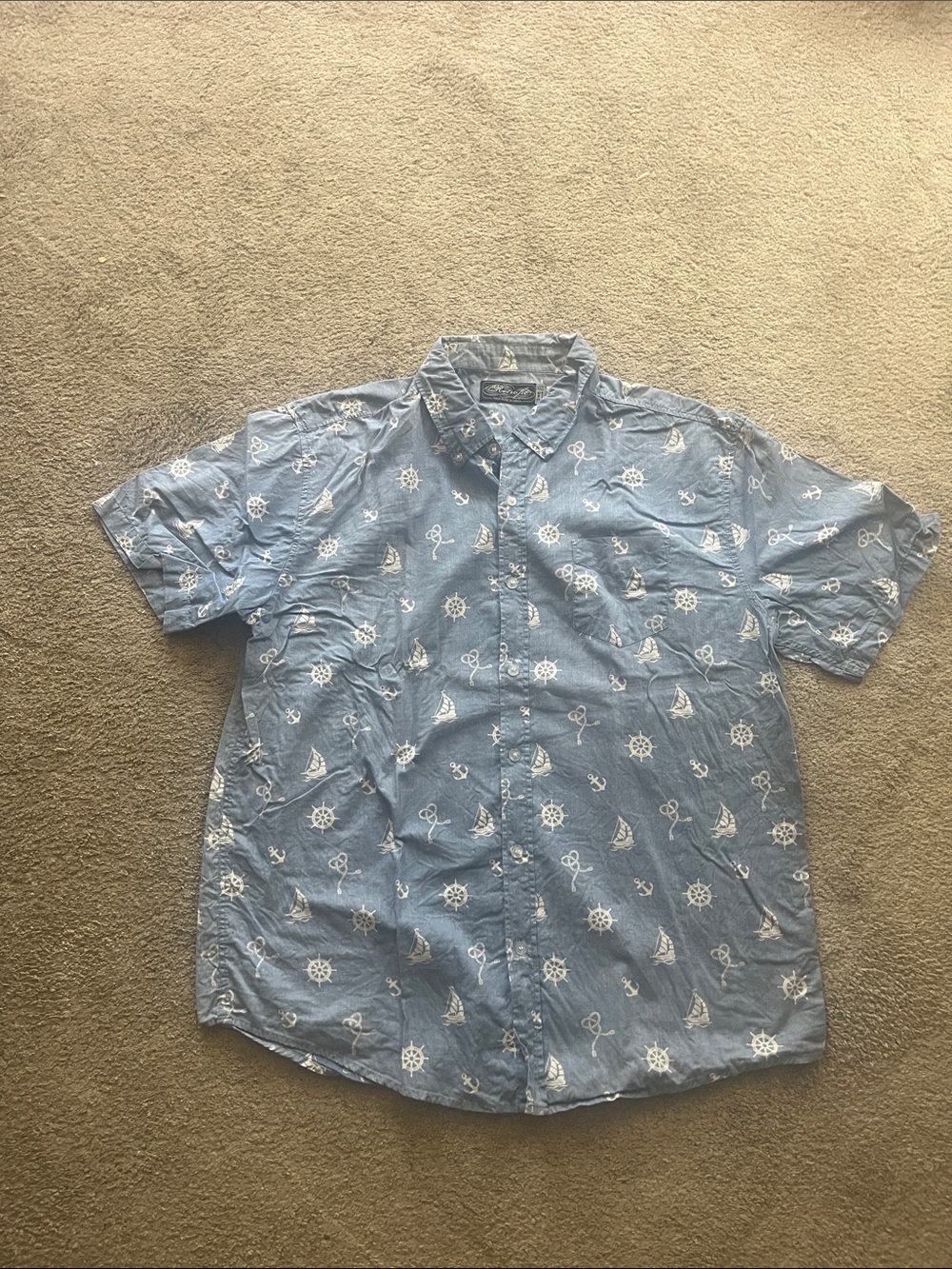 Retrofit Light Blue Nautical Print Short-Sleeve Button-Down Shirt